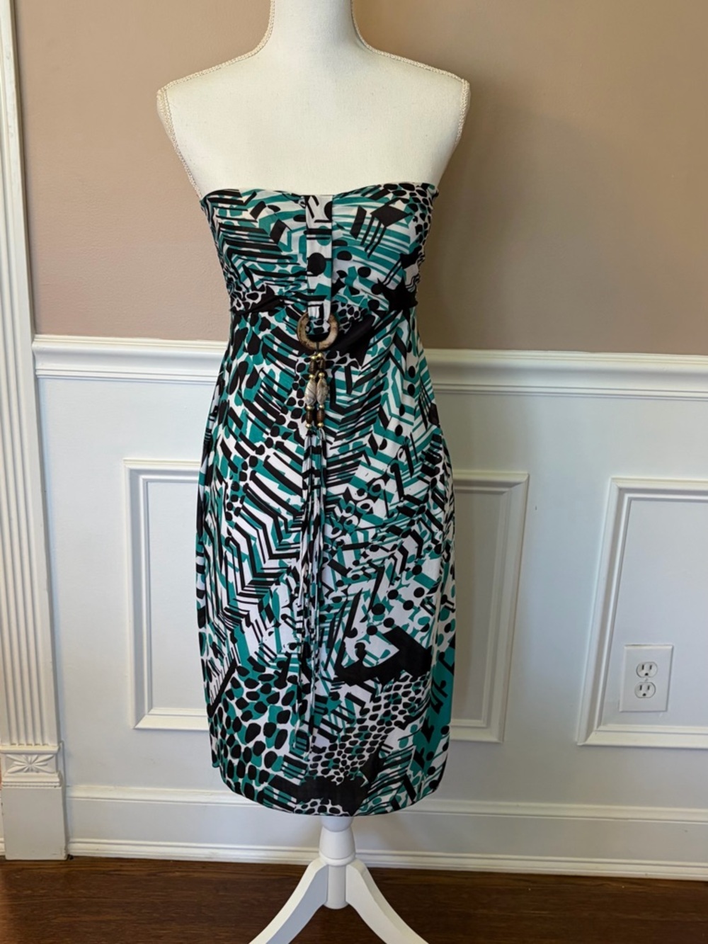 Claudia Richard Teal, Black & White Strapless Graphic Print Dress